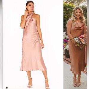 Show me your mumu jasmine halter midi dress in rose gold luxe satin size S